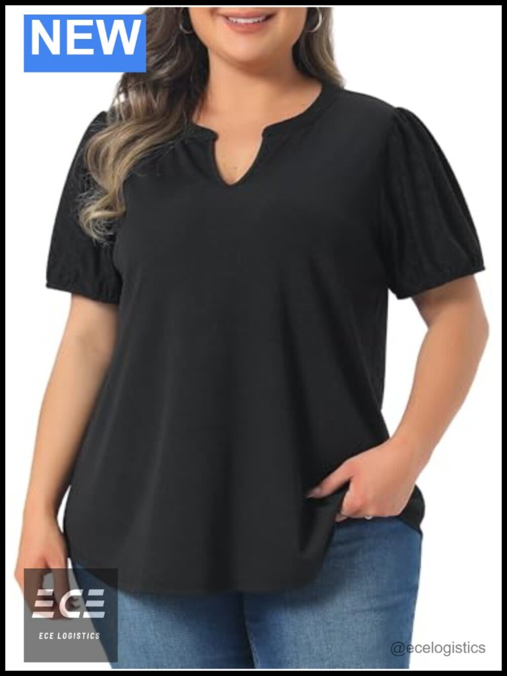 Women Plus Size V Neck Puff Short Sleeve Tunic Blouse Dressy Casual